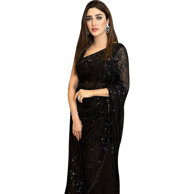 Saree Georgette Women - 女性用ジョーゼット生地のシークエンス刺繍入りサリー（未縫いブラウス生地付き）