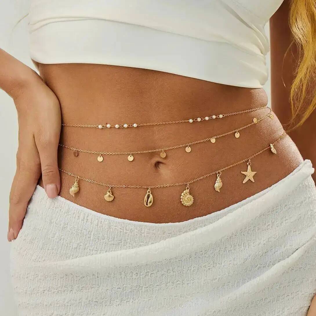Ethnic Fashion Accessories - IngeSight.Z 3 ピース/セット自由奔放に生きるヒトデ巻貝ペンダントウエストベリーチェーン女性の夏のビーチセクシーなビキニベルトボディジュエリーアクセサリー
