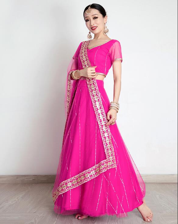Saree Georgette Women - India Women'sssree刺embroidery geoggetteラインストーンダンスステージレンガスーツローズレッド