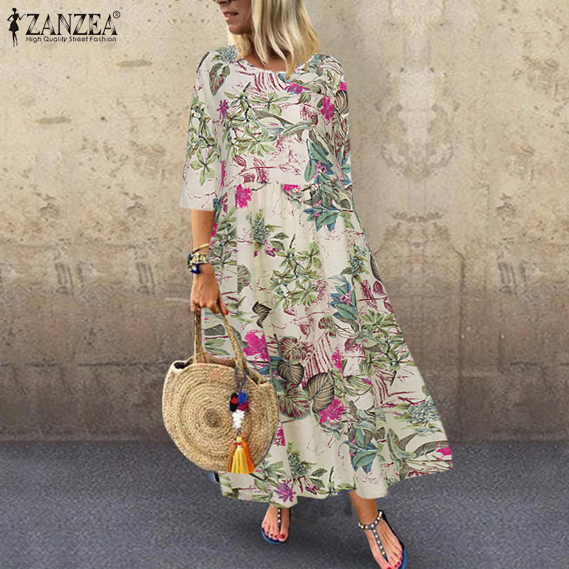 Ethnic Fashion Wear - 女性の夏の半袖サンドレス ZANZEA 女性花柄プリントドレスボヘミアンエレガントカジュアル特大ホリデーロングドレス