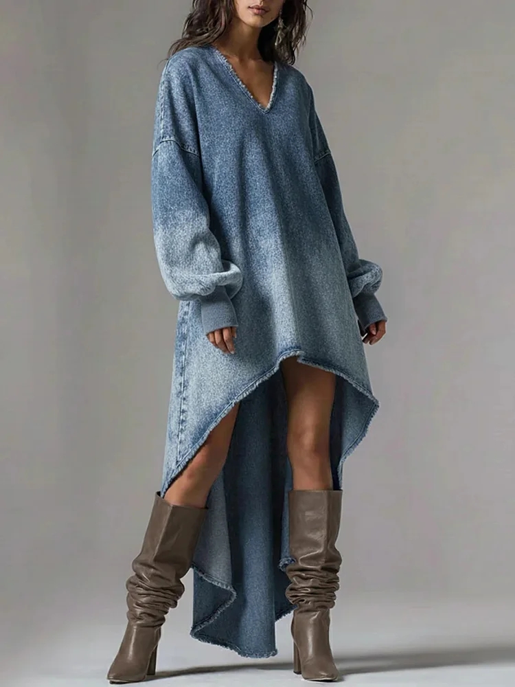 Ethnic Fashion Wear - ファッションカジュアルVネックデニムワンピース レディース エレガントランタンスリーブ 長袖 ハイローイレギュラーヘムミニワンピース