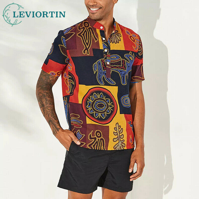 Ethnic Fashion Trends 2025 - 2025 夏の新しいヨーロッパとアメリカのエスニックスタイルプリントシフォンスタンドアップカラーメンズカジュアルファッショントレンド多用途シャツ