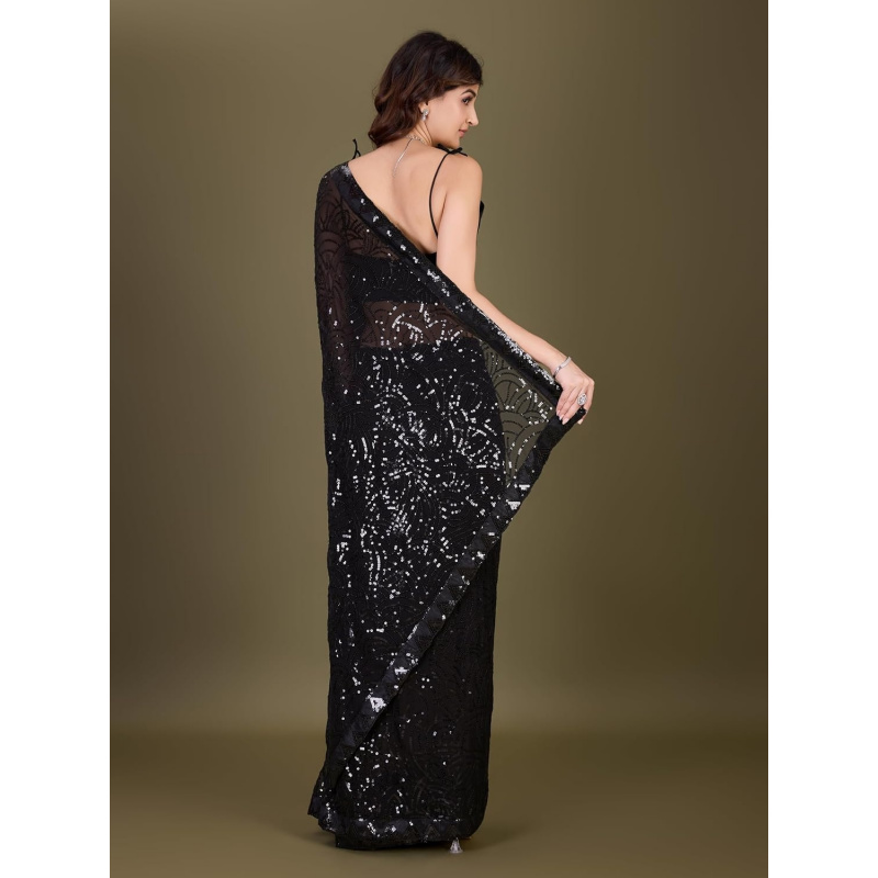 女性用ジョーゼット生地のシークエンス刺繍入りサリー（未縫いブ - Saree Georgette Women のレビューと価格