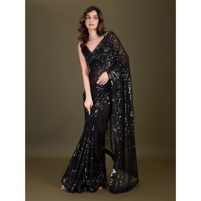 女性用ジョーゼット生地のシークエンス刺繍入りサリー（未縫いブ - Saree Georgette Women のレビューと価格