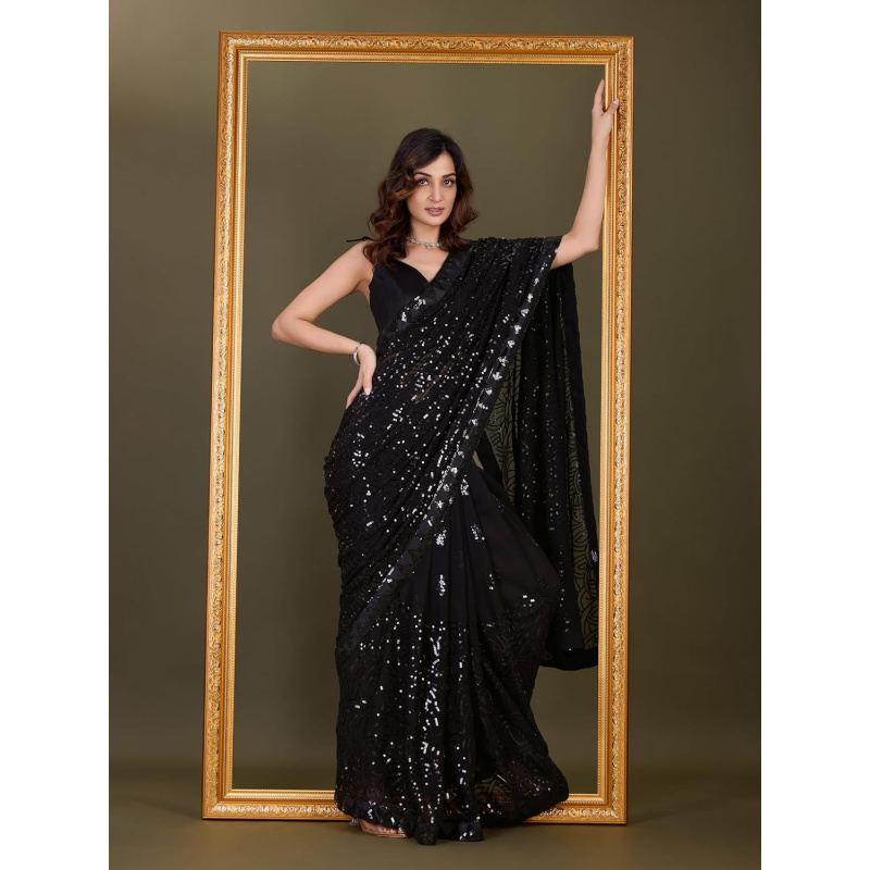 女性用ジョーゼット生地のシークエンス刺繍入りサリー（未縫いブ - Saree Georgette Women のレビューと価格