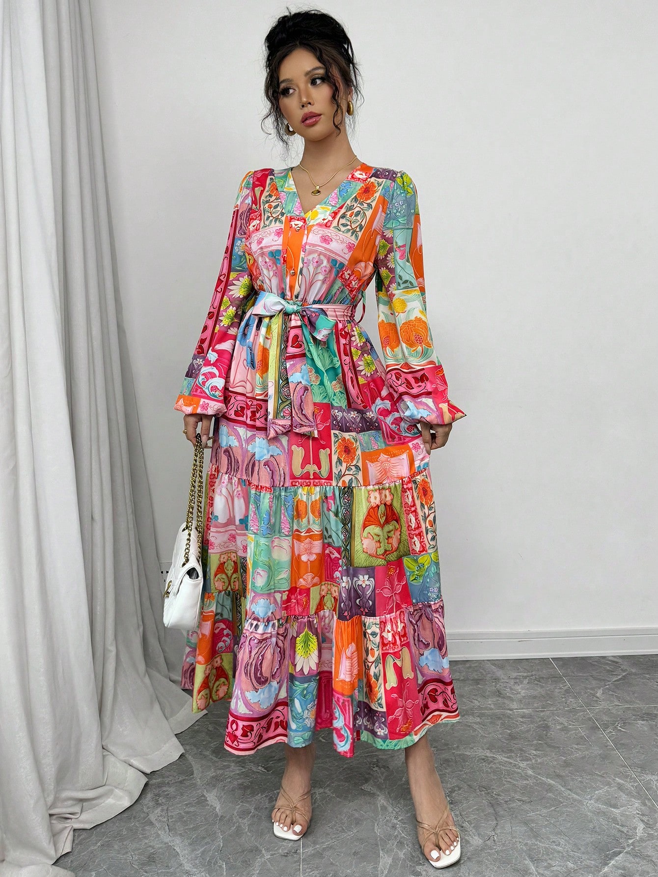 レディース ホリデー Vネック 長袖 花柄プリント プリンセ - Ethnic Fashion Wear のレビューと価格
