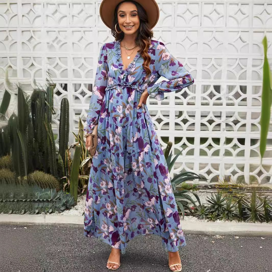 エレガントな花柄プリントの女性用サマーカジュアル、ラッフルレ - Ethnic Fashion Wear のレビューと価格