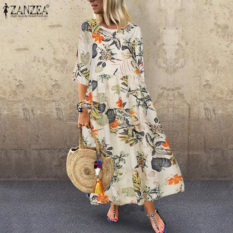 女性の夏の半袖サンドレス ZANZEA 女性花柄プリントドレ - Ethnic Fashion Wear のレビューと価格