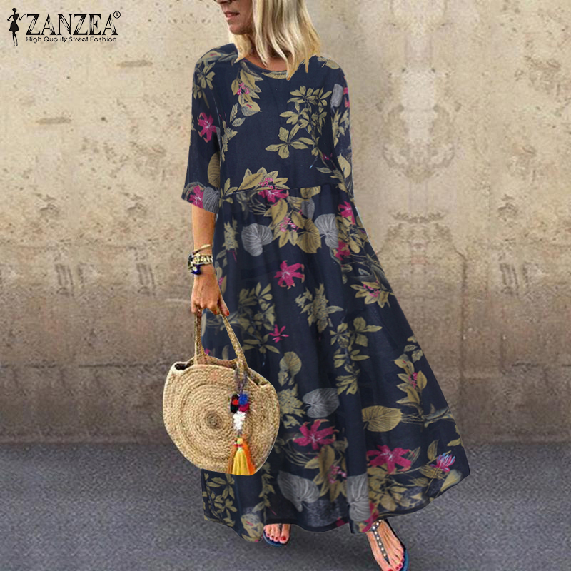 女性の夏の半袖サンドレス ZANZEA 女性花柄プリントドレ - Ethnic Fashion Wear のレビューと価格