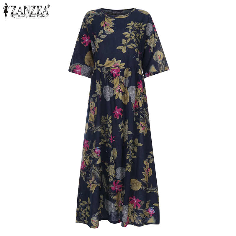 女性の夏の半袖サンドレス ZANZEA 女性花柄プリントドレ - Ethnic Fashion Wear のレビューと価格