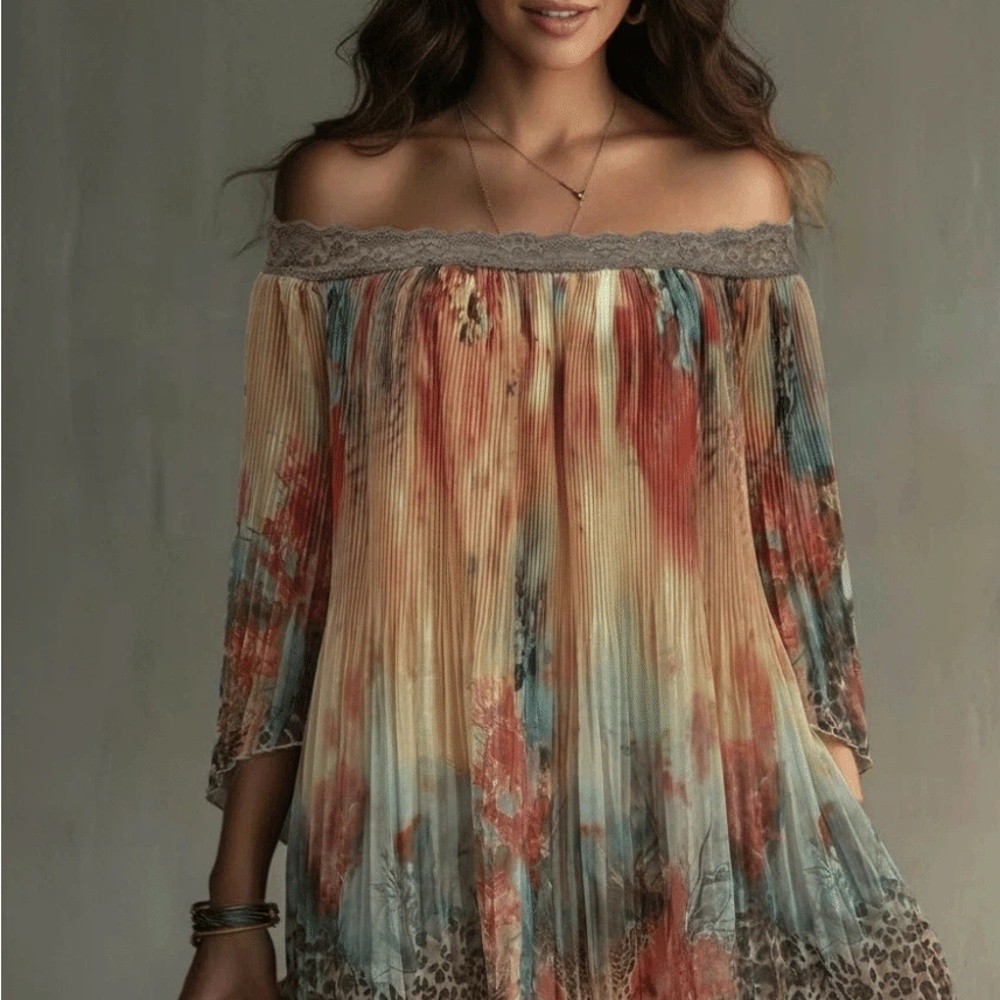 レトロ花柄オフショルダードレスルーズレーストリムサマースカー - Ethnic Fashion Wear のレビューと価格