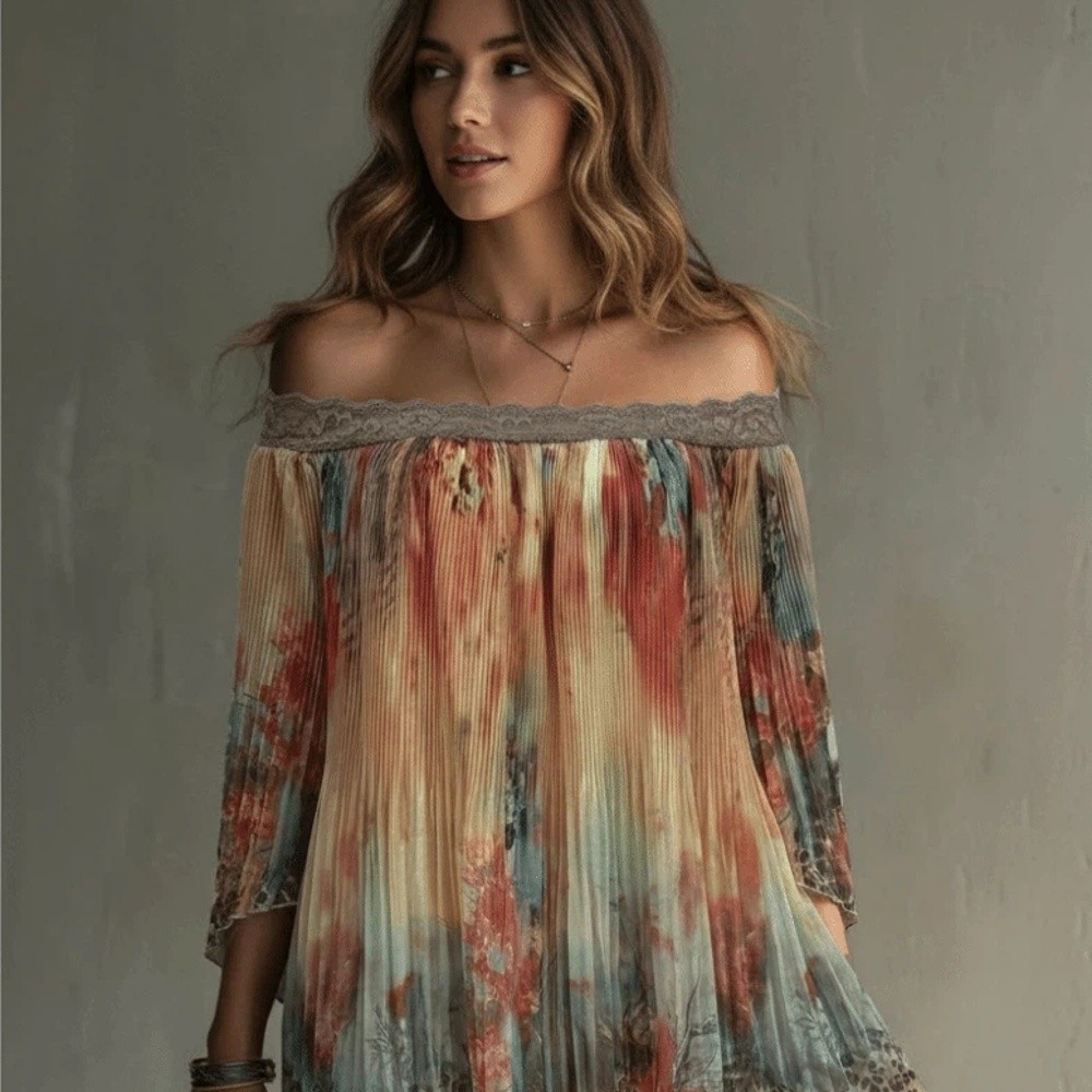 レトロ花柄オフショルダードレスルーズレーストリムサマースカー - Ethnic Fashion Wear のレビューと価格
